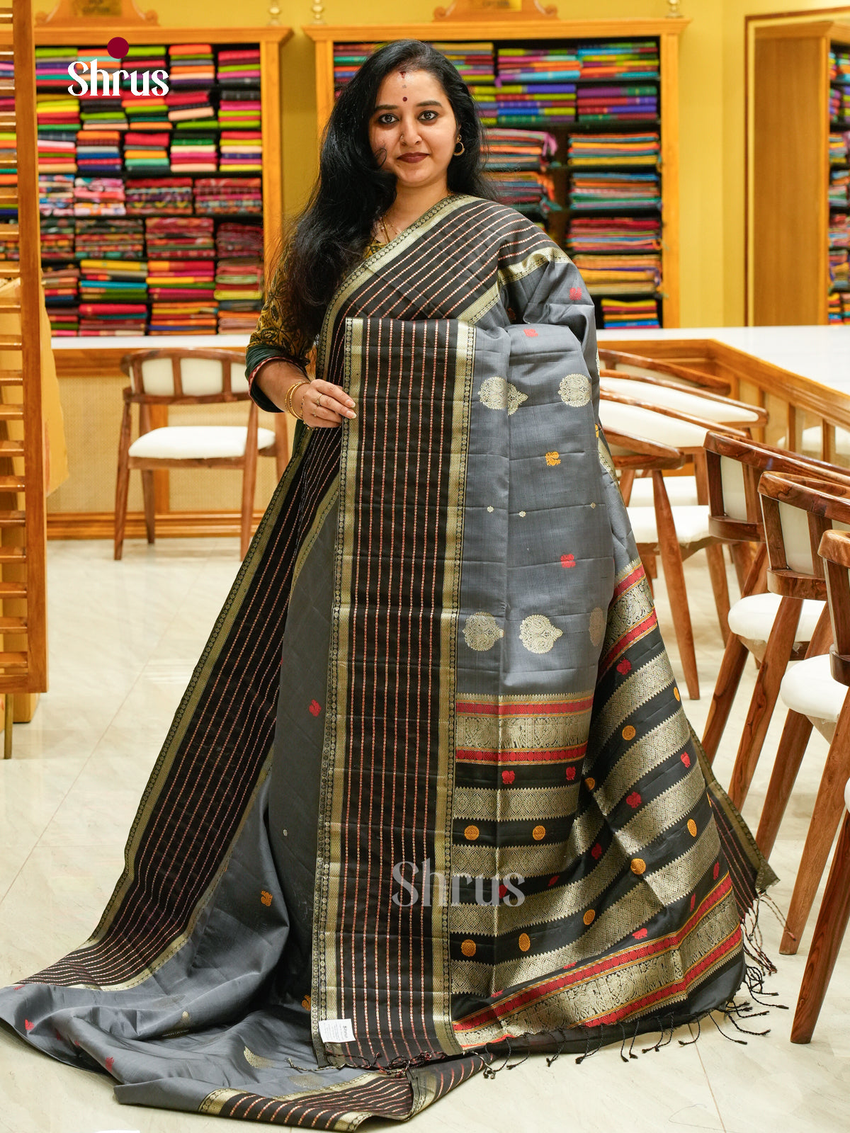 Silver Grey Soft Silk Saree with Peacock Buttas | Black Self Border