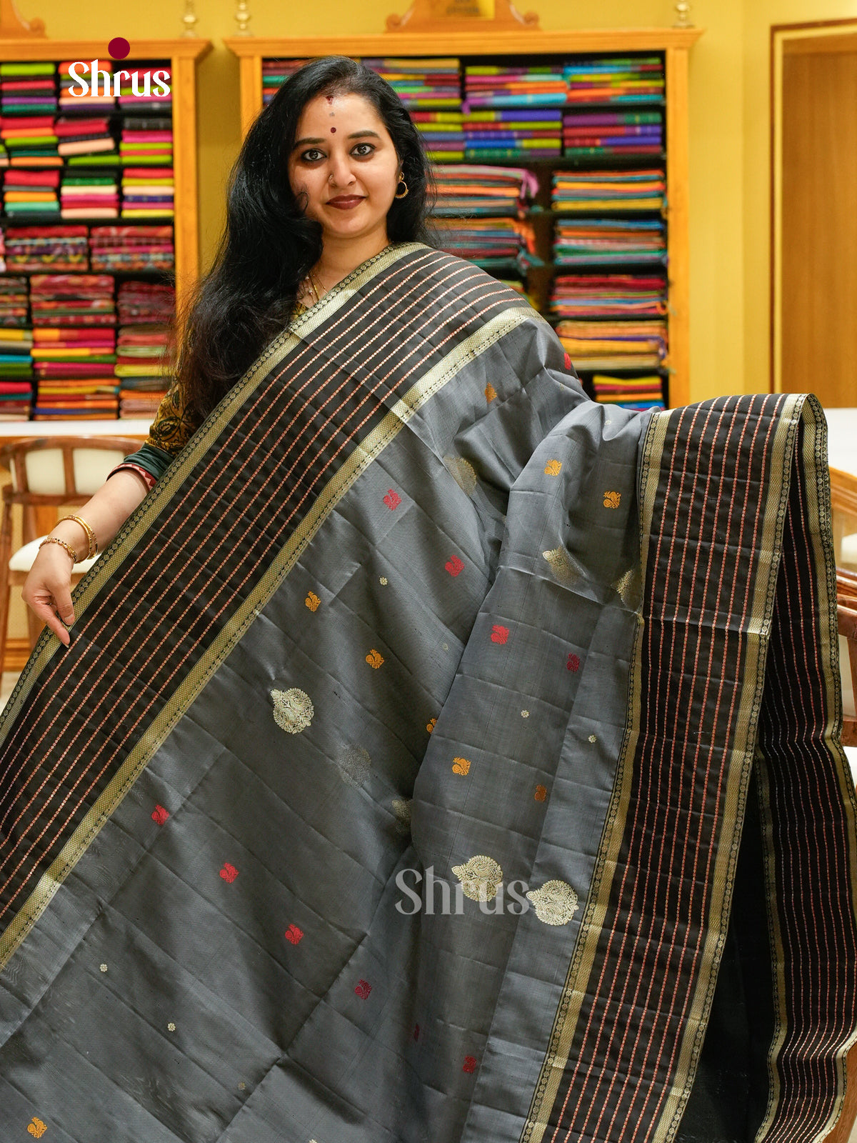Silver Grey Soft Silk Saree with Peacock Buttas | Black Self Border