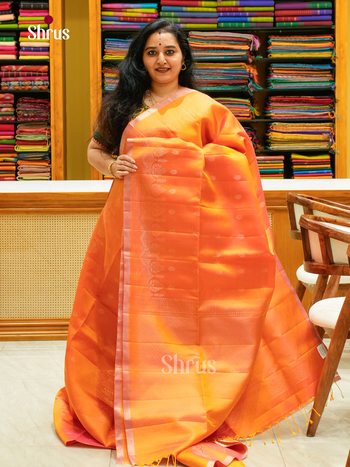 Dual Tone Orange Soft Silk Saree with Floral Buttas - Shop on Shrus.com