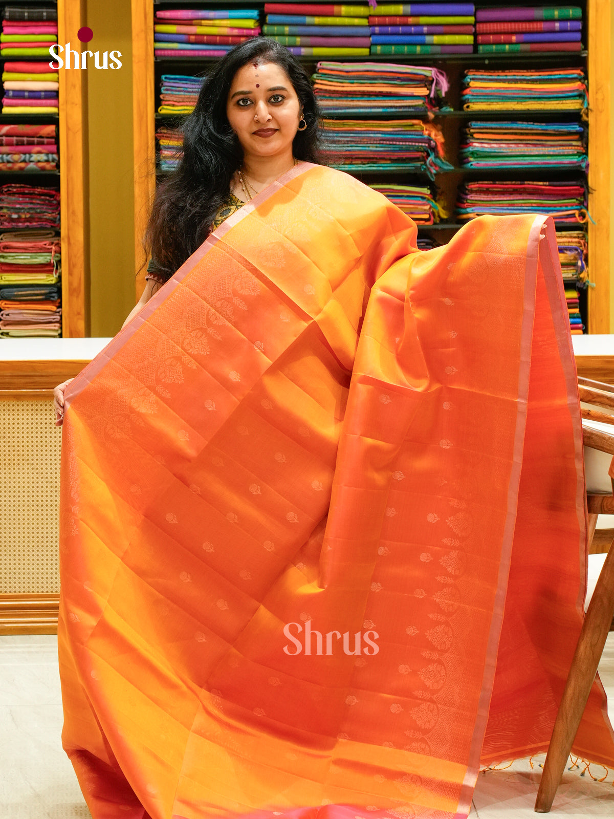 Dual Tone Orange Soft Silk Saree with Floral Buttas - Shop on Shrus.com