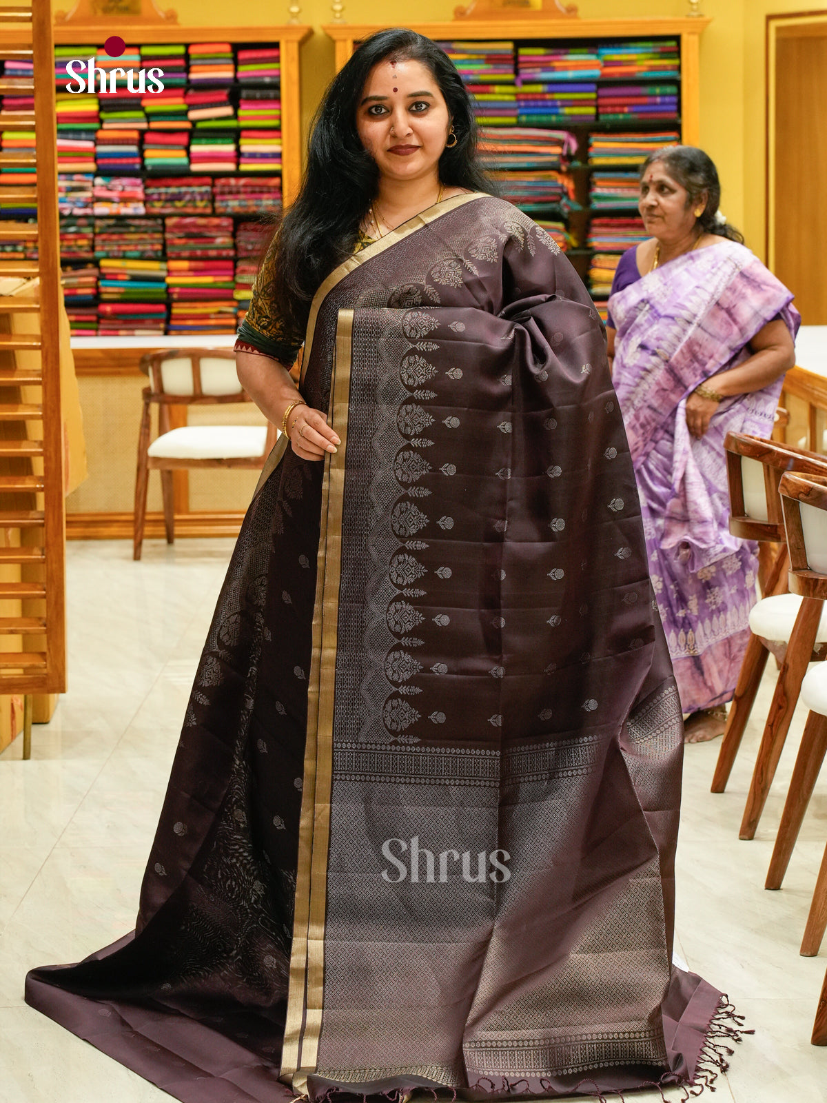 Brown Soft Silk Saree with Floral Buttas - Shop on Shrus.com