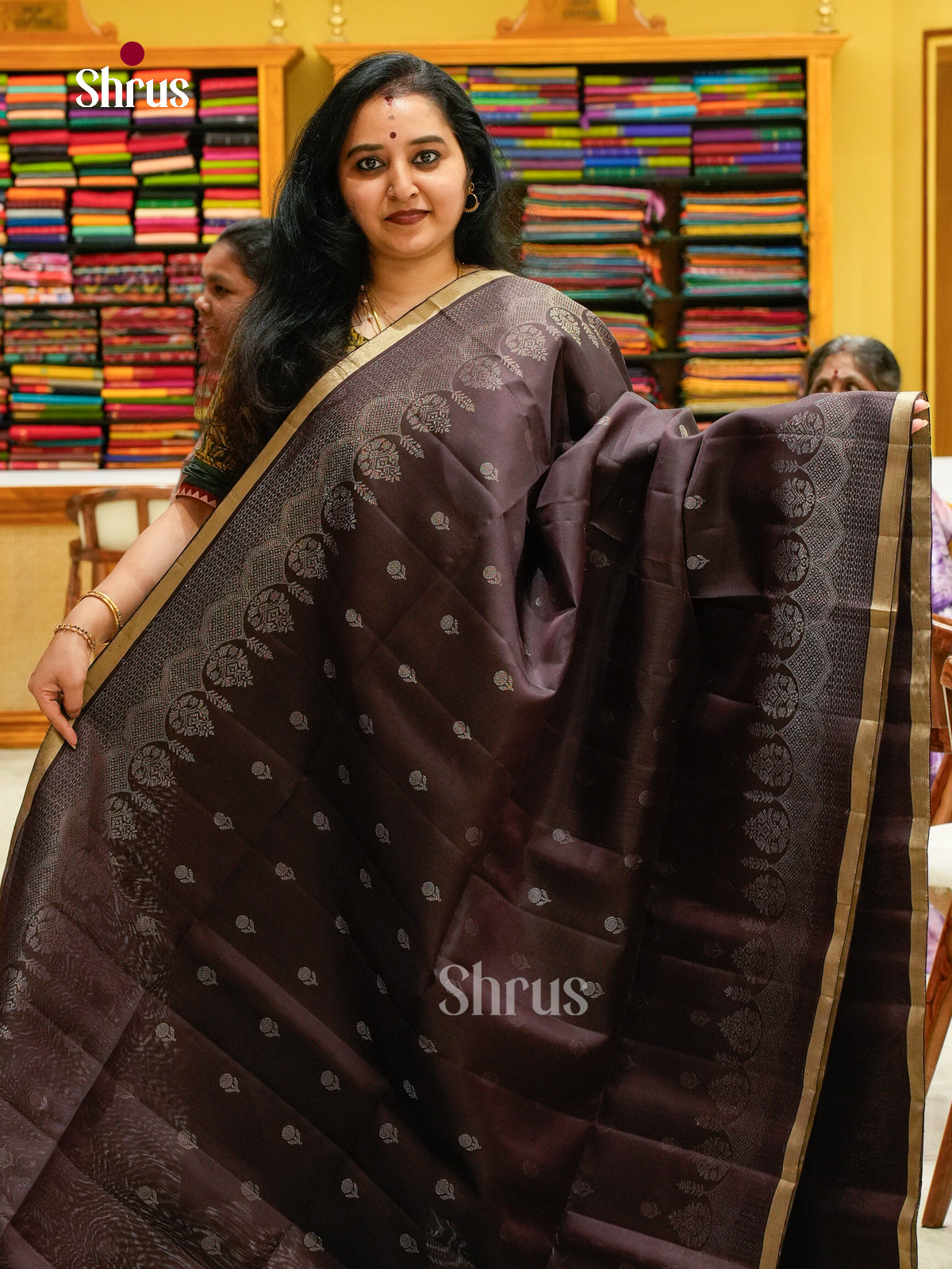 Brown Soft Silk Saree with Floral Buttas - Shop on Shrus.com