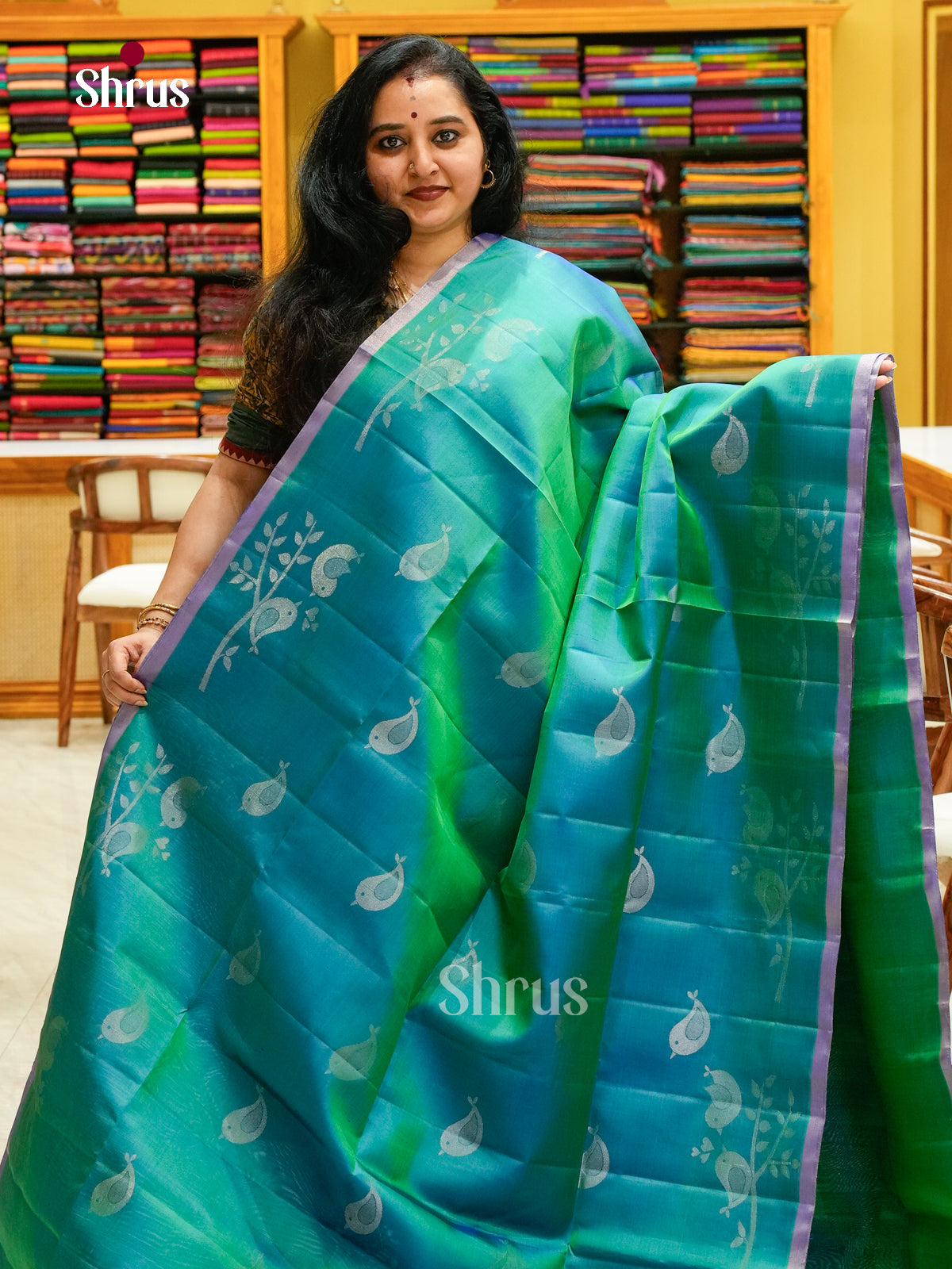 Dual Tone Peacock Green Soft Silk Saree with Brocade