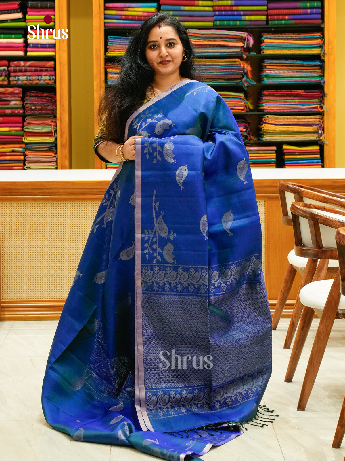 Dual Tone Peacock Blue Soft Silk Saree with Brocade - Shop on Shrus.com