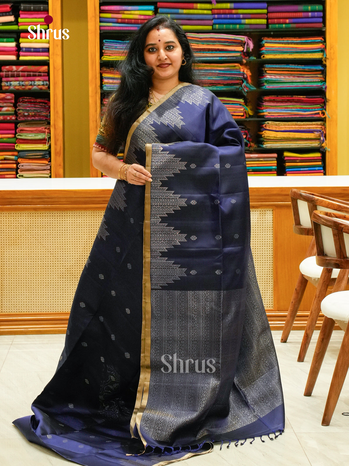 Navy Blue Soft Silk Saree with Diamond Buttas