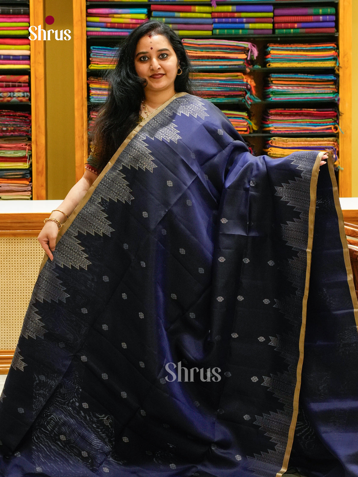 Navy Blue Soft Silk Saree with Diamond Buttas