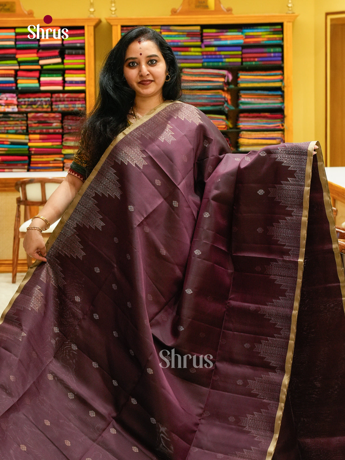 Dark Brown Soft Silk Saree with Diamond Buttas