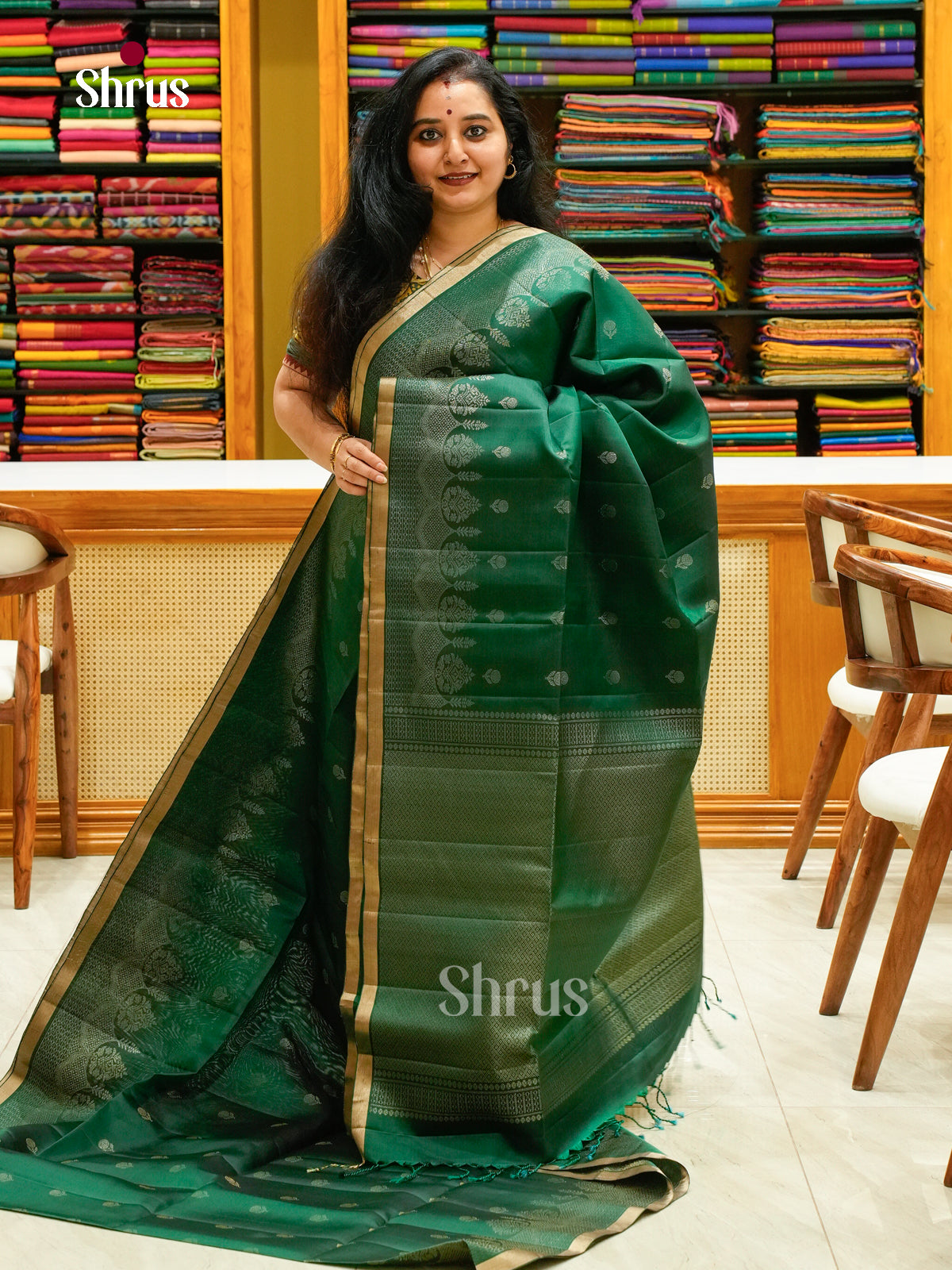 Dark Green Soft Silk Saree with Floral Buttas - Shop on Shrus.com
