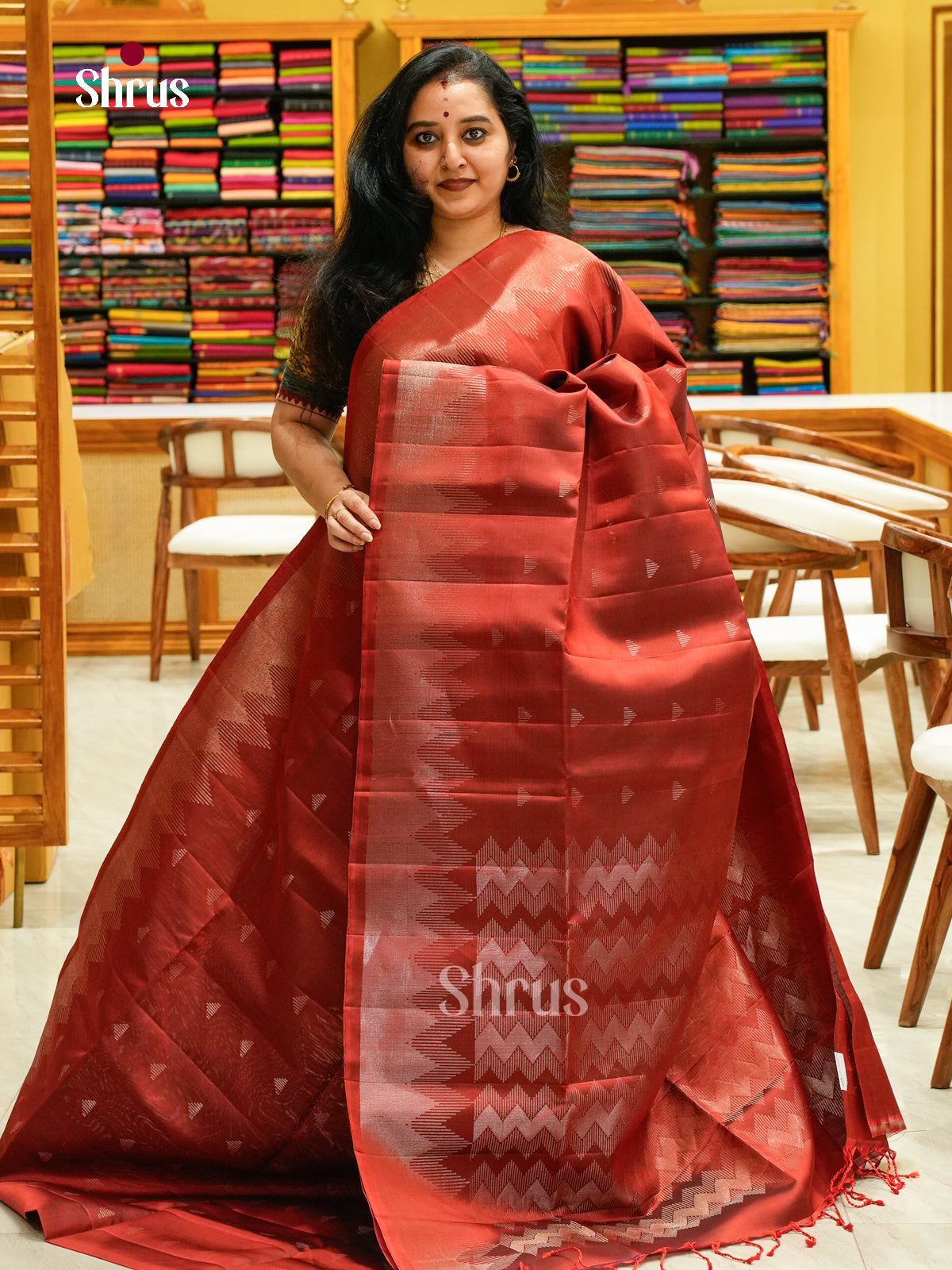 Rust Orange Soft Silk Saree with Triangle Buttas