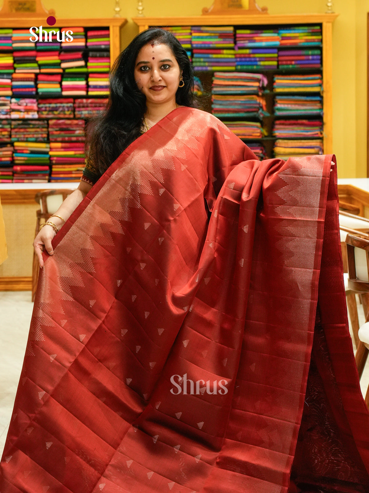 Rust Orange Soft Silk Saree with Triangle Buttas