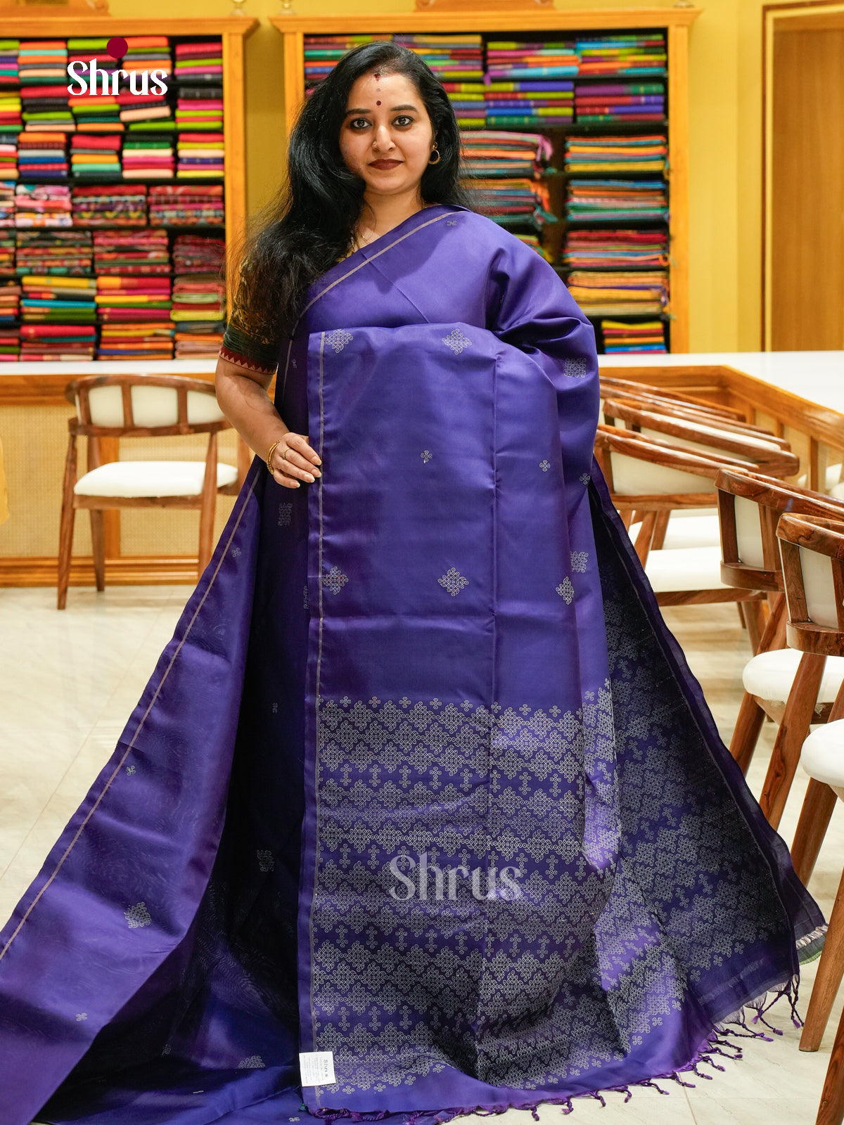 Indigo Blue Soft Silk Saree with Kolam