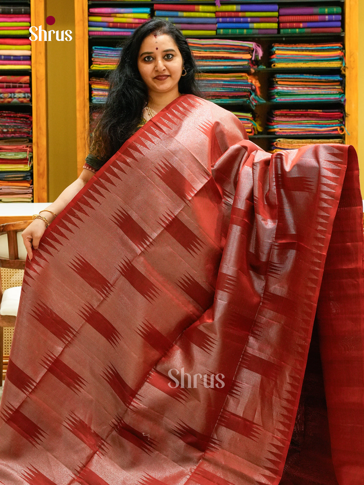 Rust Orange Soft Silk Saree with Zigzag Buttas