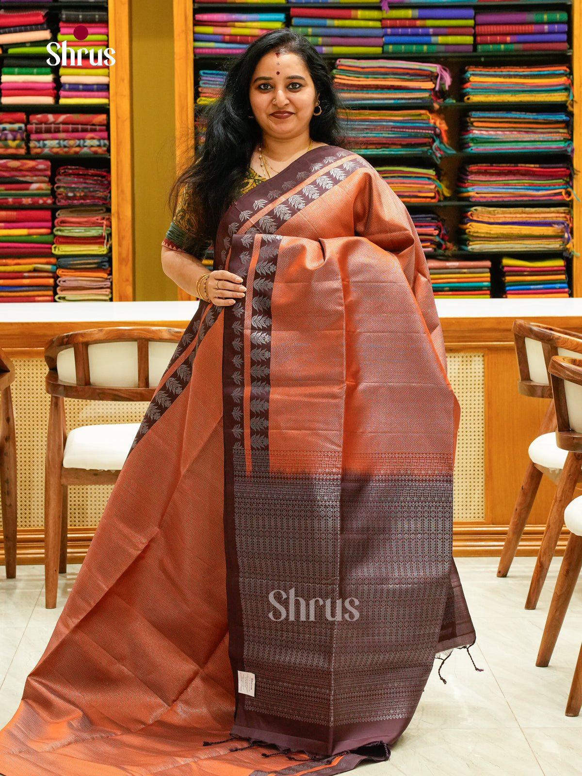 Rust Orange Soft Silk Saree with Zigzag Buttas | Dark Brown Self Border