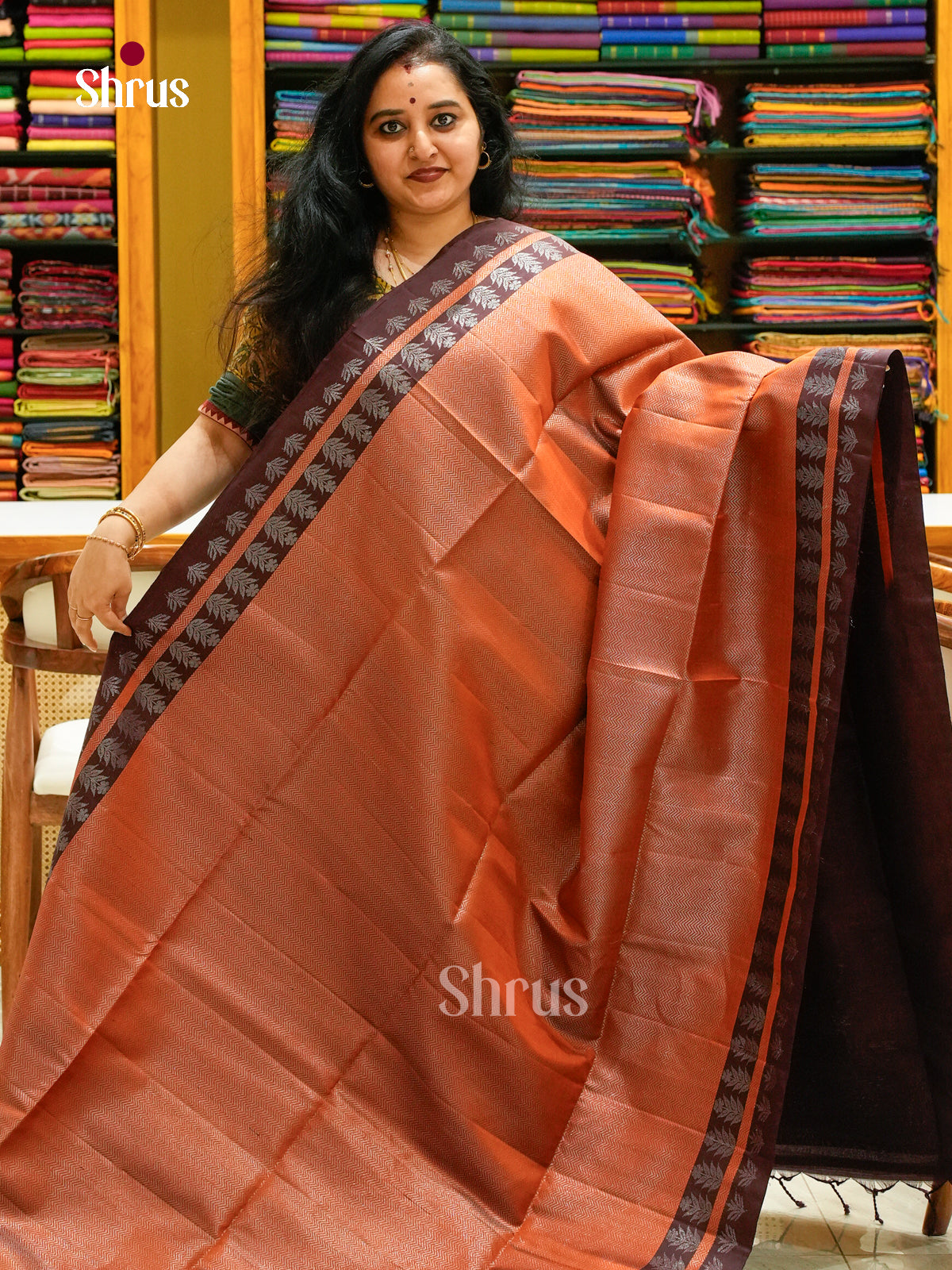 Rust Orange Soft Silk Saree with Zigzag Buttas | Dark Brown Self Border