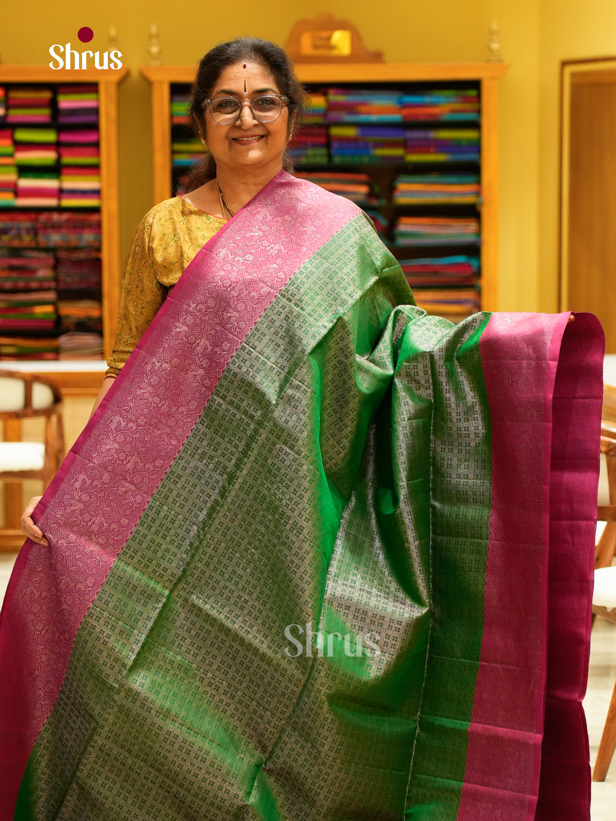 Green Soft Silk Saree with Brocade | Pink Contrast Border - Shop on Shrus.com