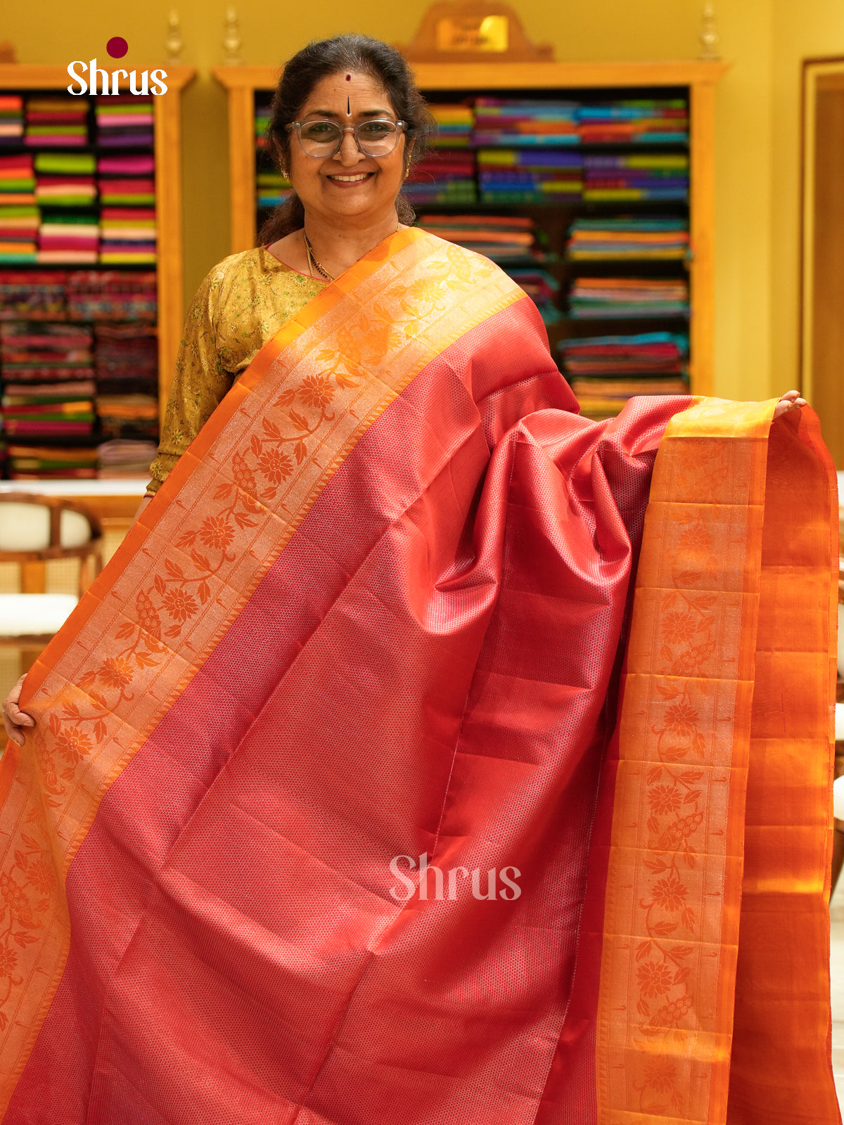 Red Soft Silk Saree with Brocade | Mustard Contrast Border - Shop on Shrus.com