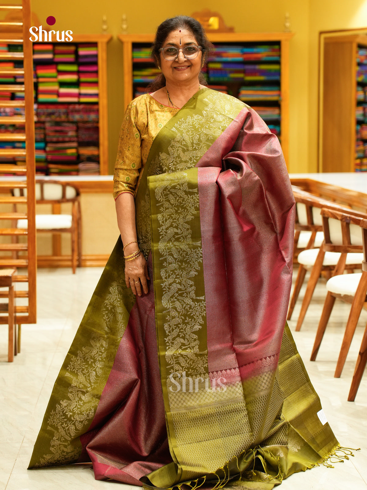 Rani Pink Soft Silk Saree with Stripes and Zigzag Buttas | Green Contrast Border - Shop on Shrus.com