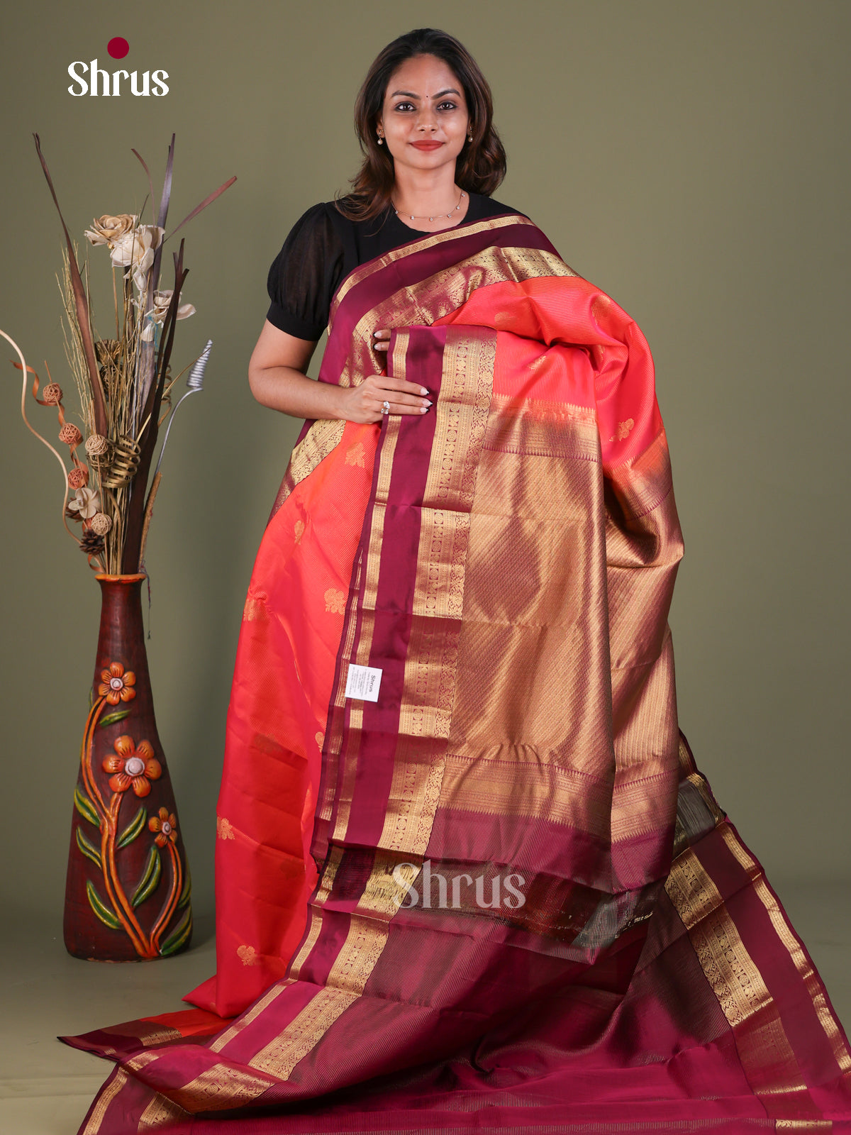 Orange Kanchipuram Silk Saree with Stripes with Buttas and Floral Buttas | Wine Contrast Border