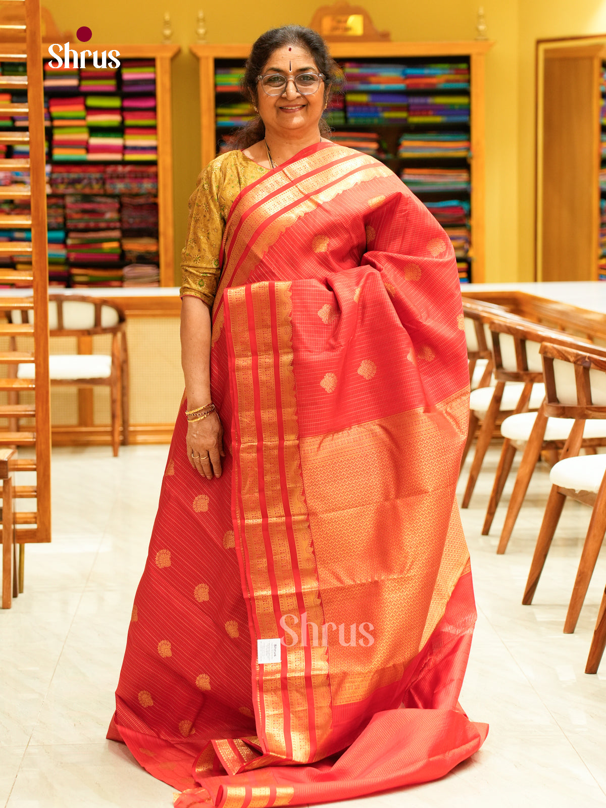 Red Kanchipuram Silk Saree with Checks - Shop on Shrus.com