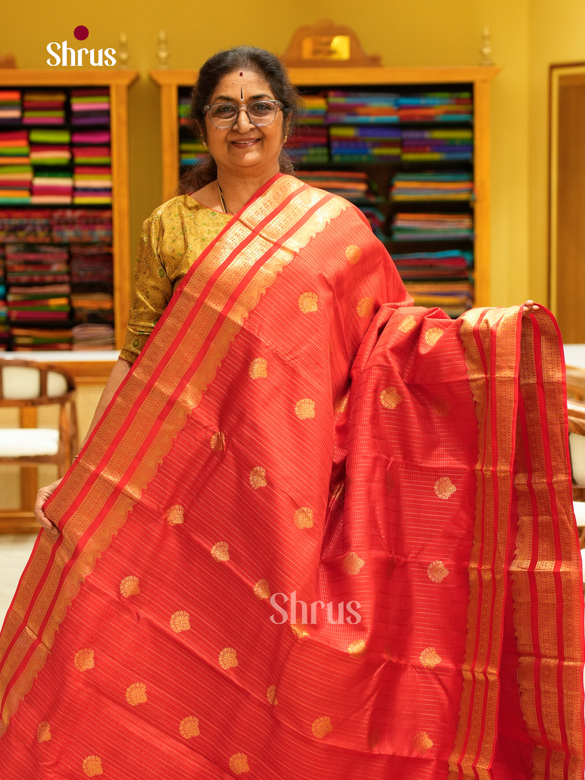 Red Kanchipuram Silk Saree with Checks - Shop on Shrus.com
