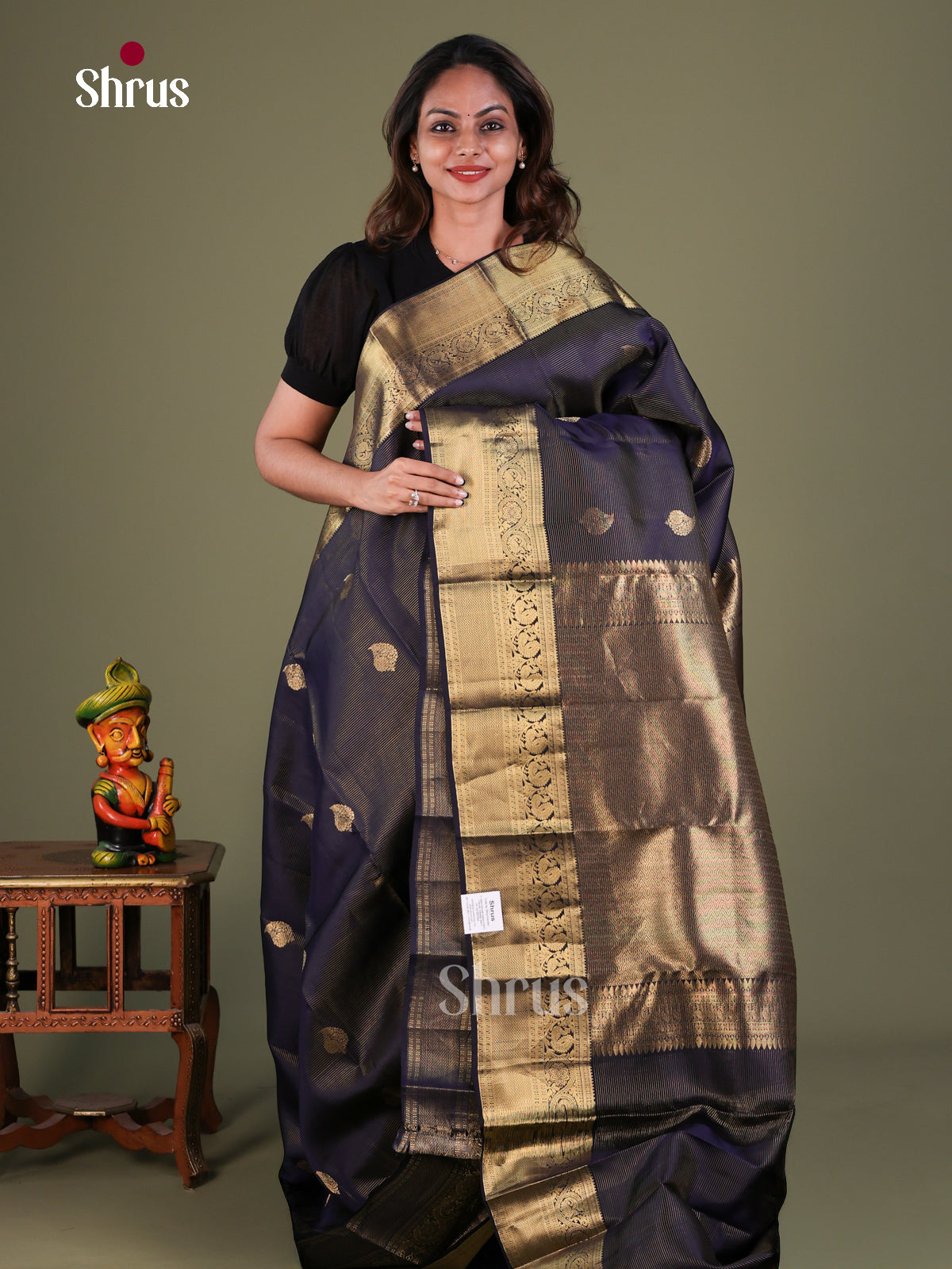 Navy Blue Kanchipuram Silk Saree with Stripes with Buttas and Floral Buttas - Shop on Shrus.com