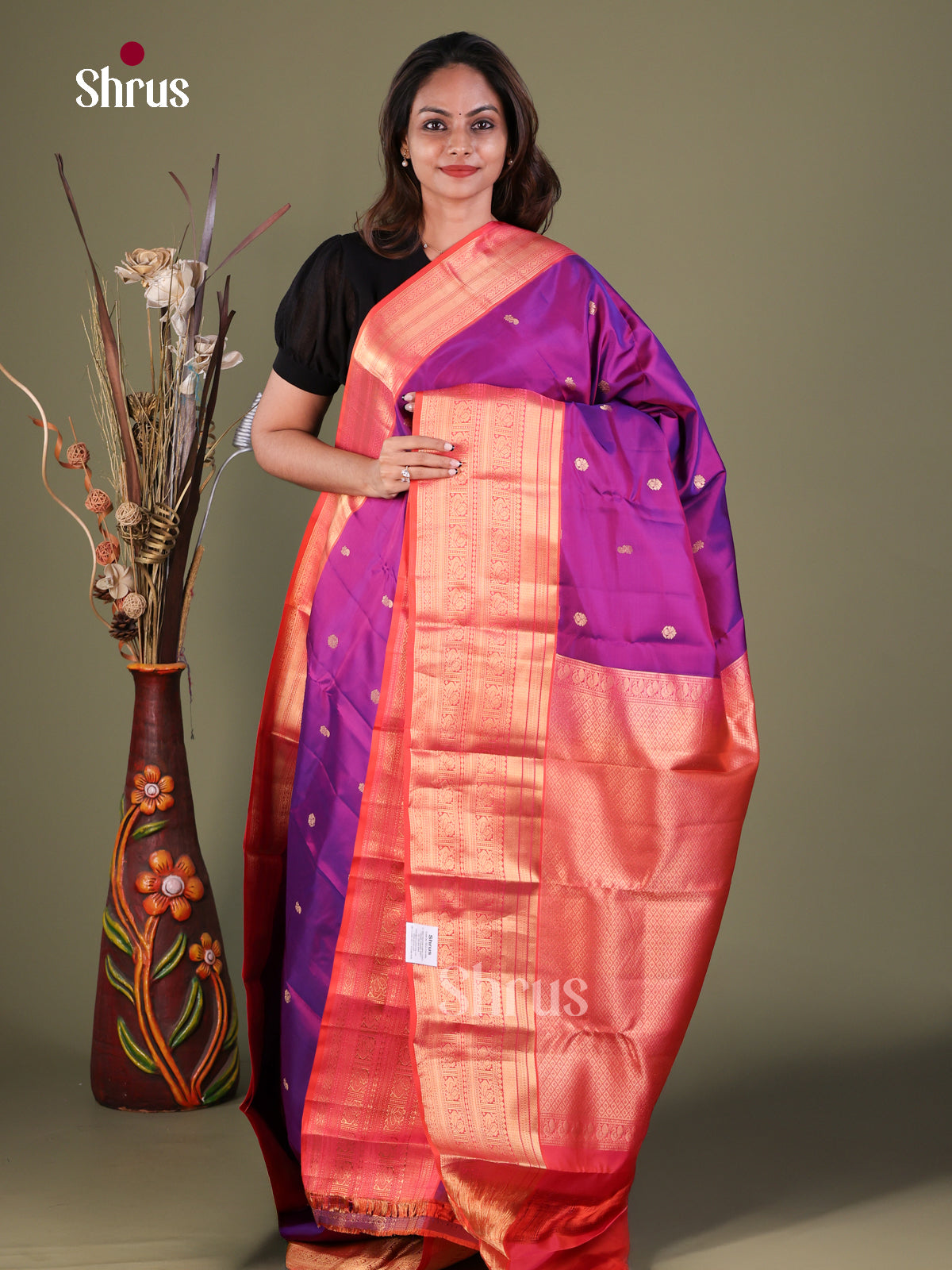 Purple Kanchipuram Silk Saree with Floral Buttas | Orange Contrast Border - Shop on Shrus.com