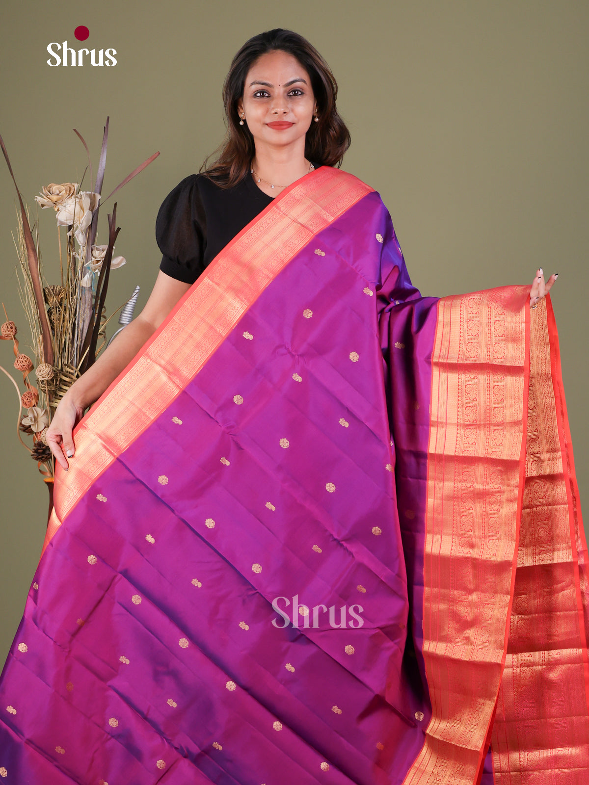 Purple Kanchipuram Silk Saree with Floral Buttas | Orange Contrast Border - Shop on Shrus.com