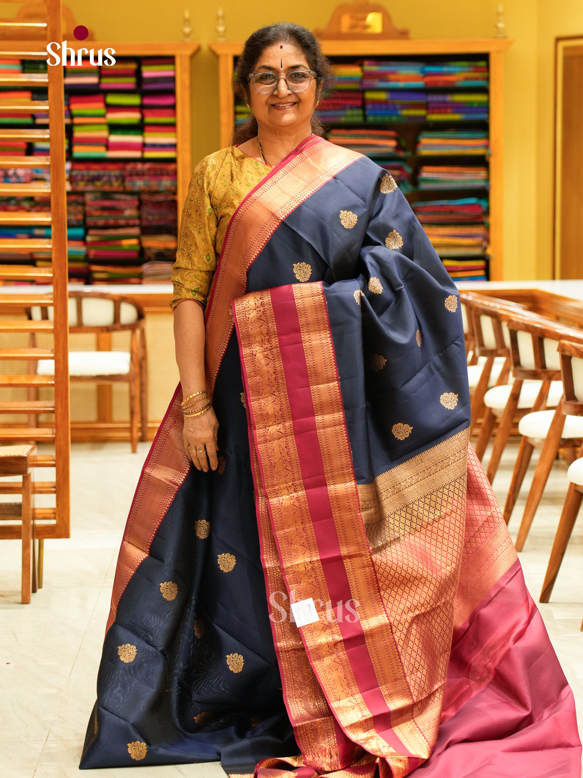 Navy Blue Kanchipuram Silk Saree with Floral Buttas | Maroon Contrast Border - Shop on Shrus.com