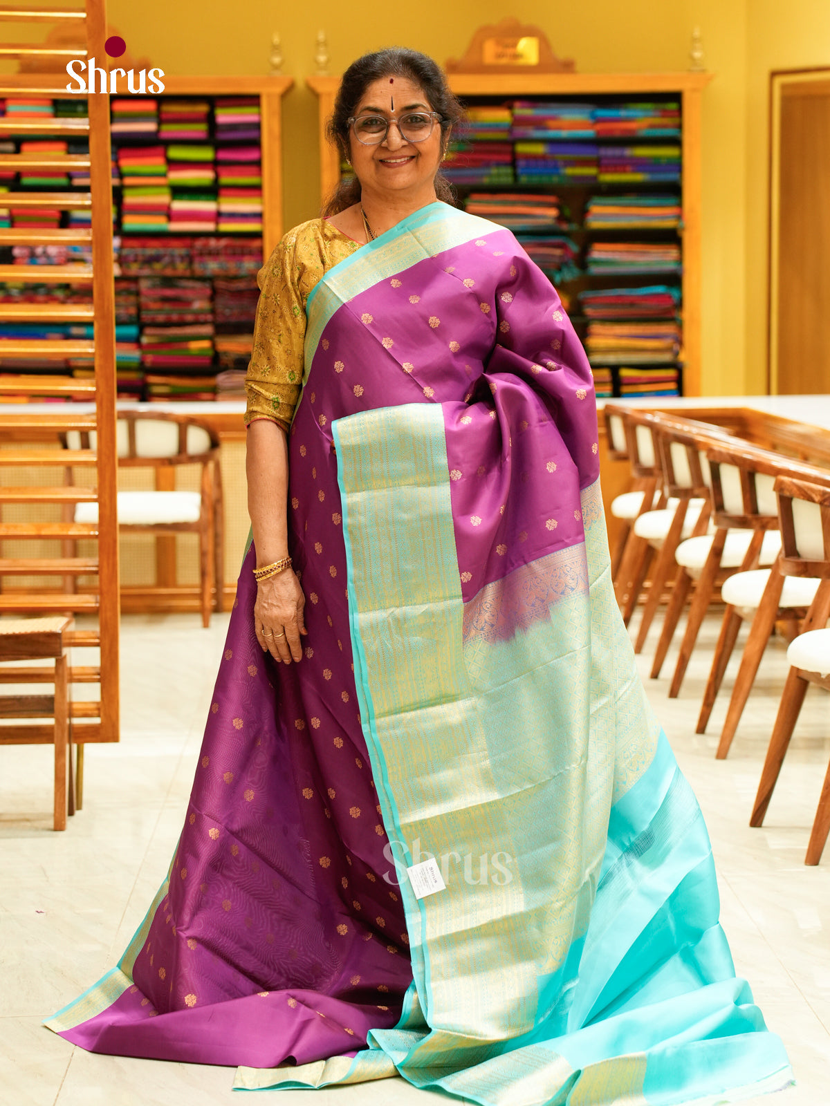 Purple Kanchipuram Silk Saree with Floral Buttas | Blue Contrast Border - Shop on Shrus.com