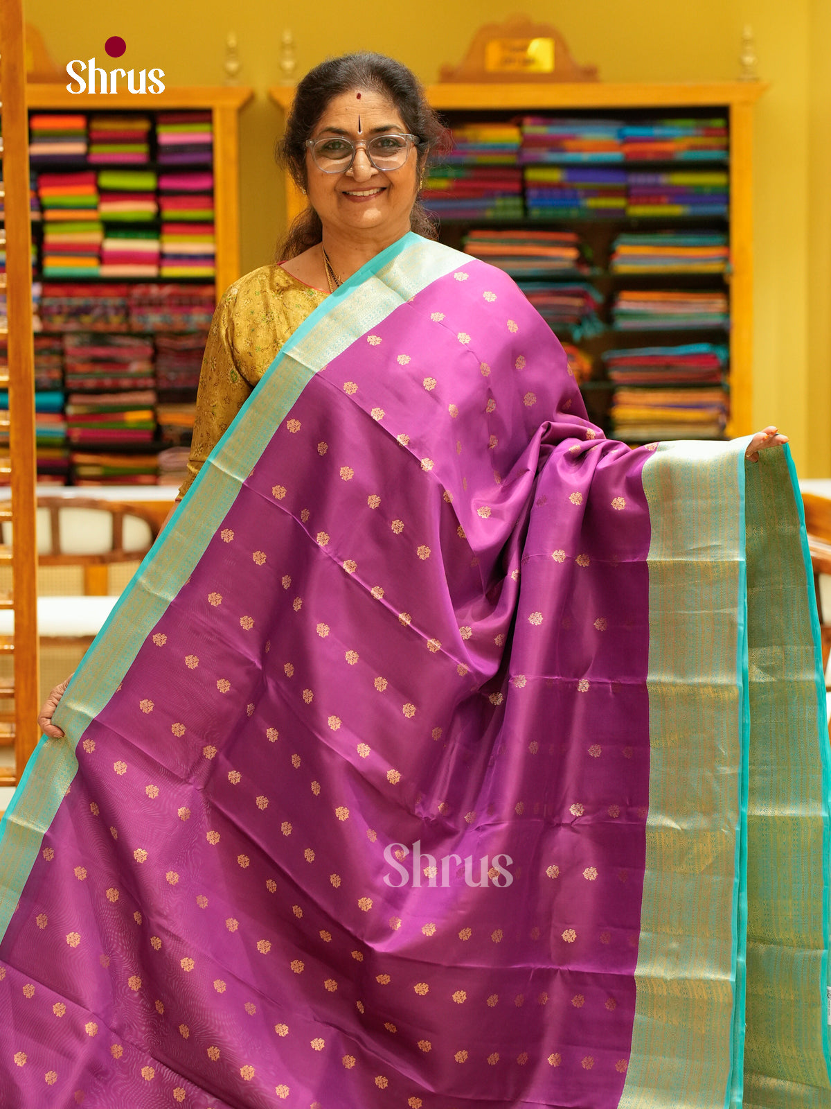 Purple Kanchipuram Silk Saree with Floral Buttas | Blue Contrast Border - Shop on Shrus.com