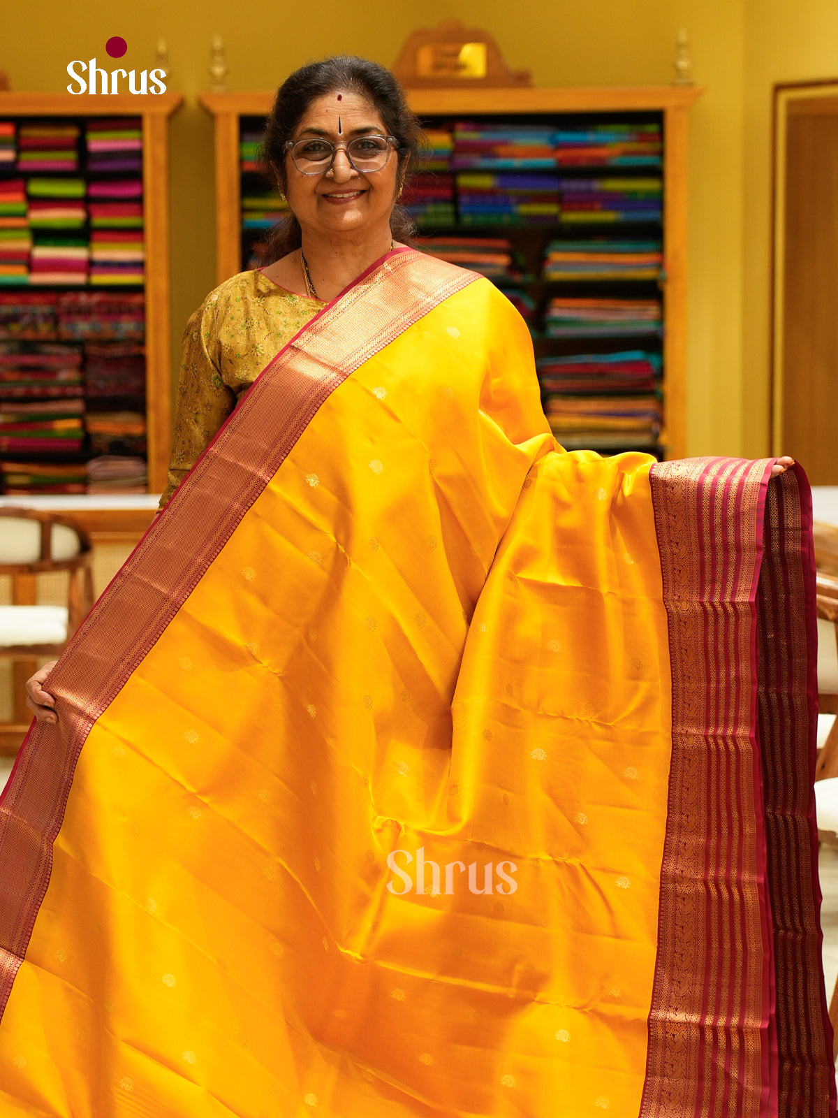 Yellow Kanchipuram Silk Saree with Peacock Buttas | Maroon Contrast Border