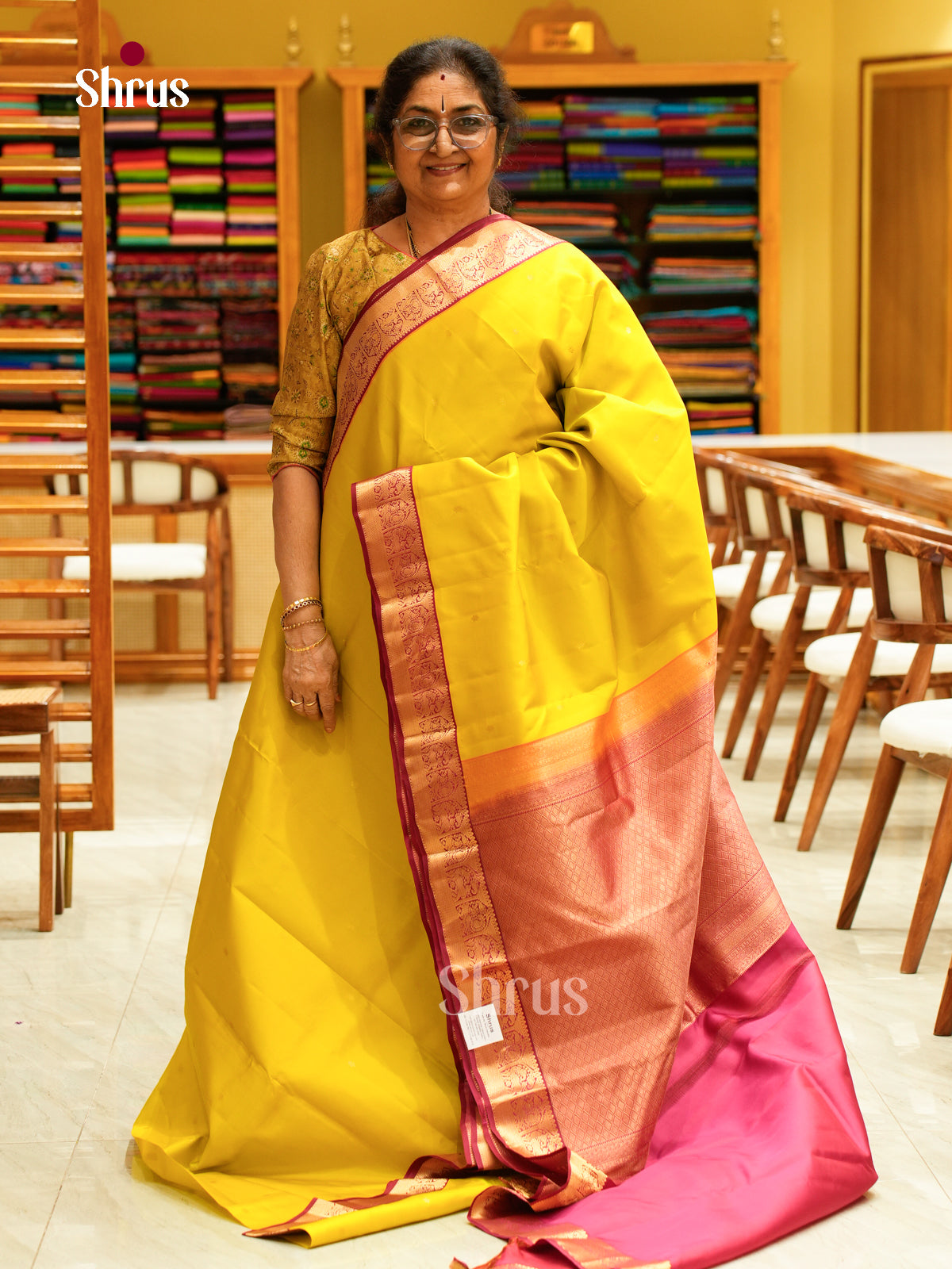 Yellow Kanchipuram Silk Saree with Floral Buttas | Maroon Contrast Border — EFS27295