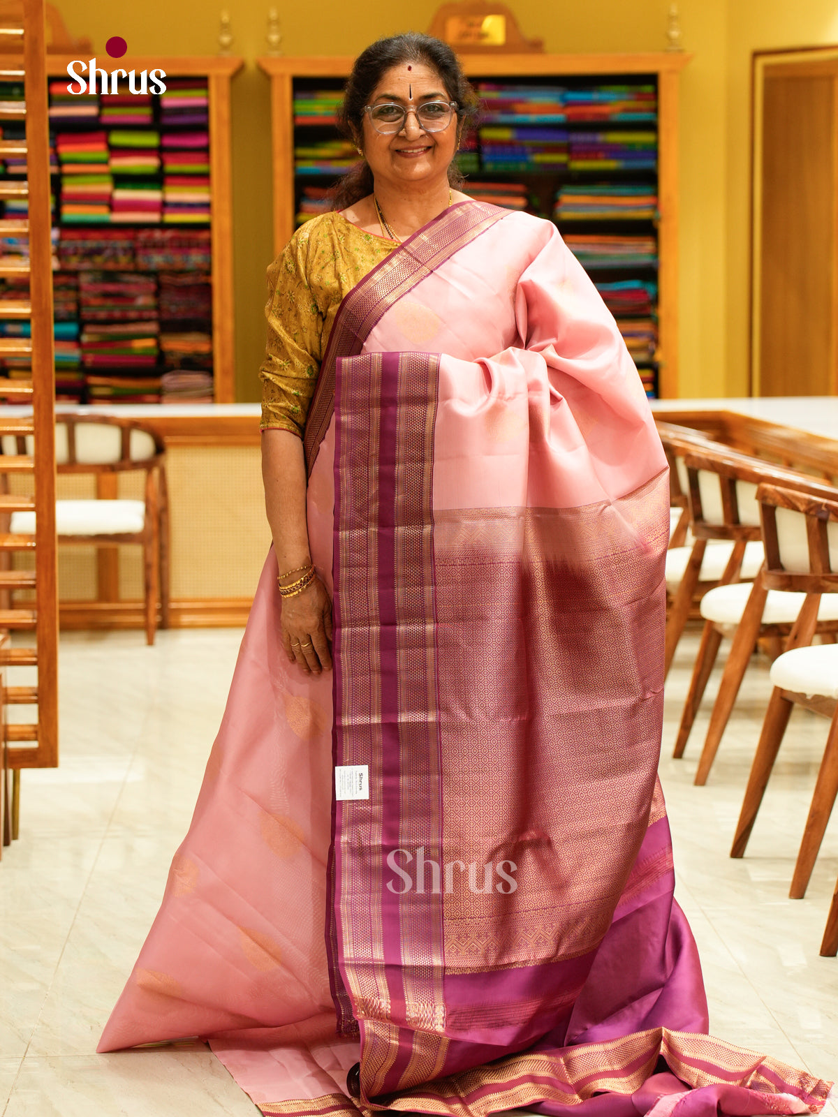 Pink Kanchipuram Silk Saree with Floral Buttas | Wine Contrast Border — EFS27299