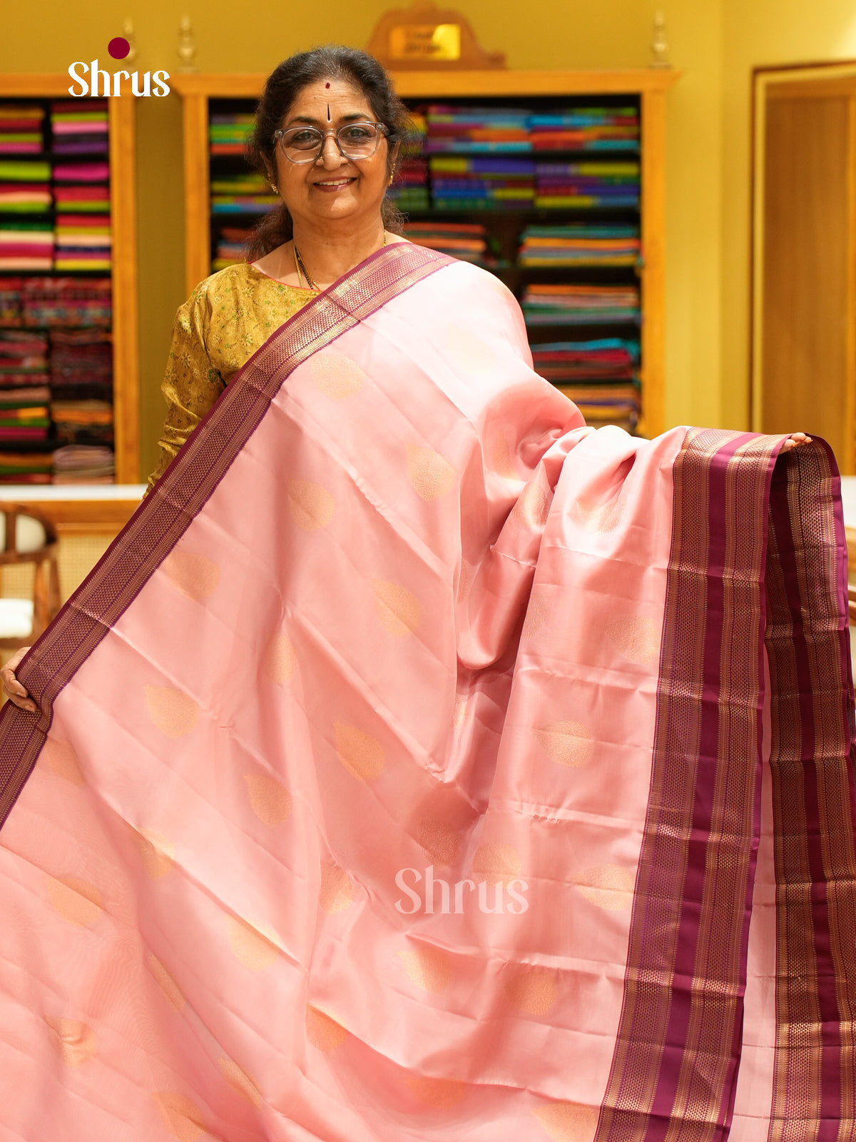 Pink Kanchipuram Silk Saree with Floral Buttas | Wine Contrast Border — EFS27299