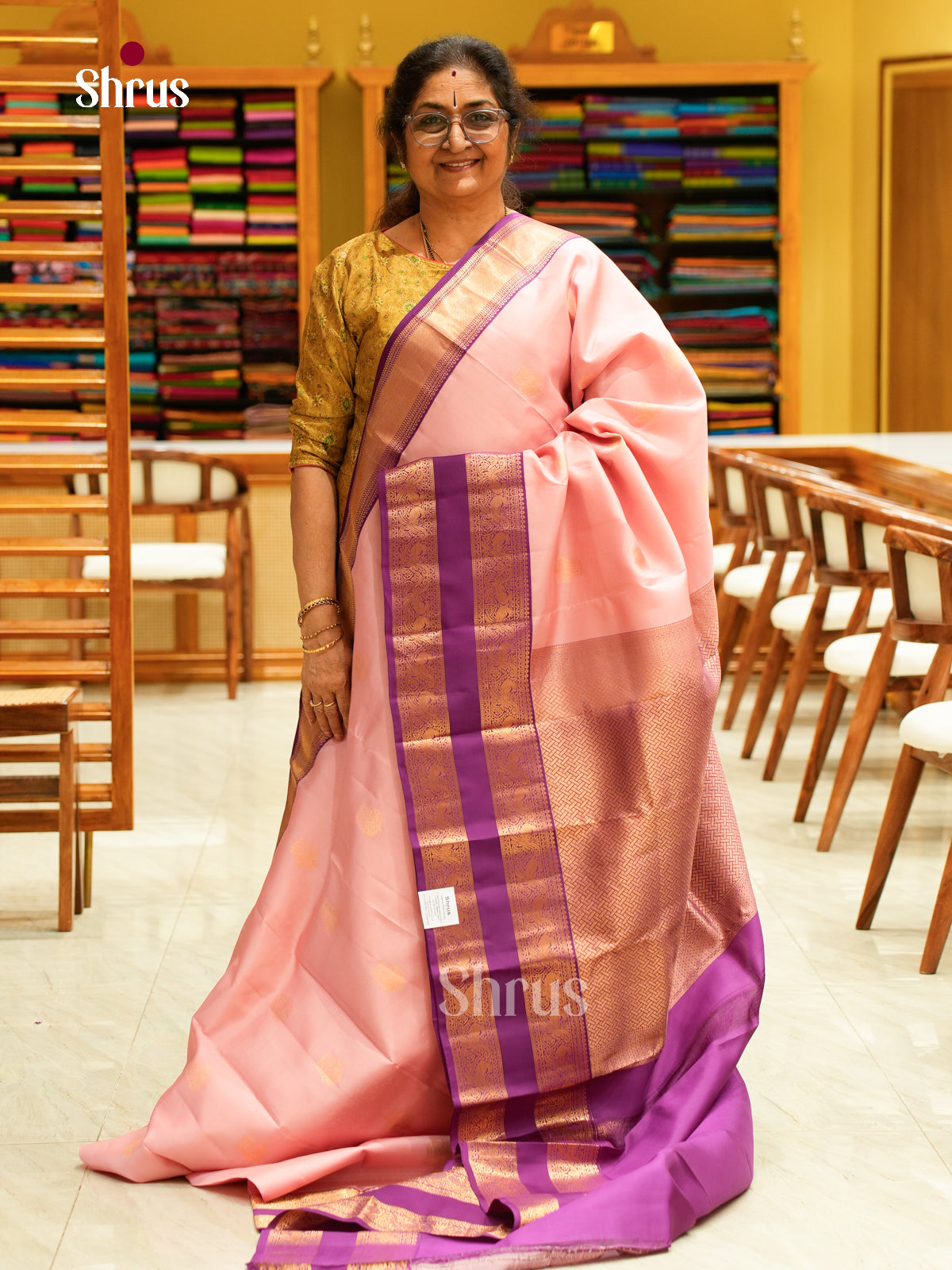 Pink Kanchipuram Silk Saree with Floral Buttas | Purple Contrast Border - Shop on Shrus.com