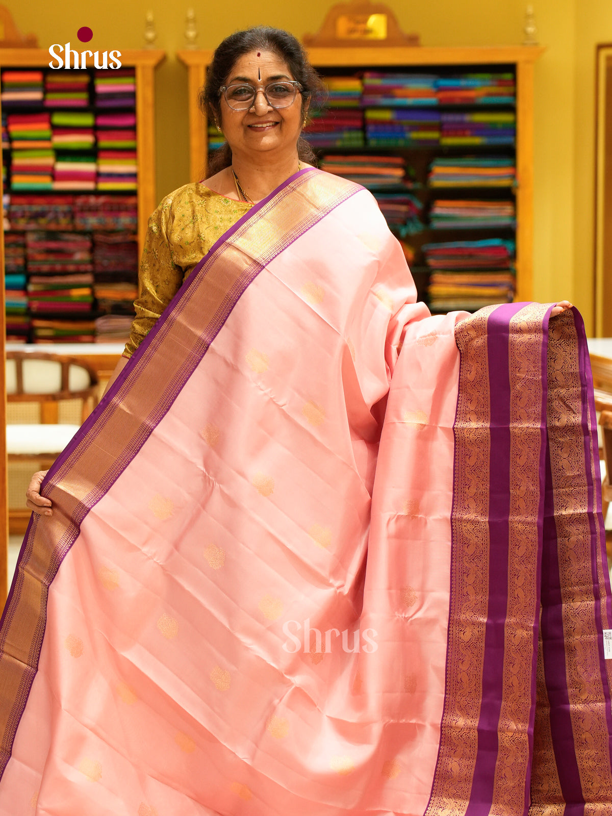 Pink Kanchipuram Silk Saree with Floral Buttas | Purple Contrast Border - Shop on Shrus.com