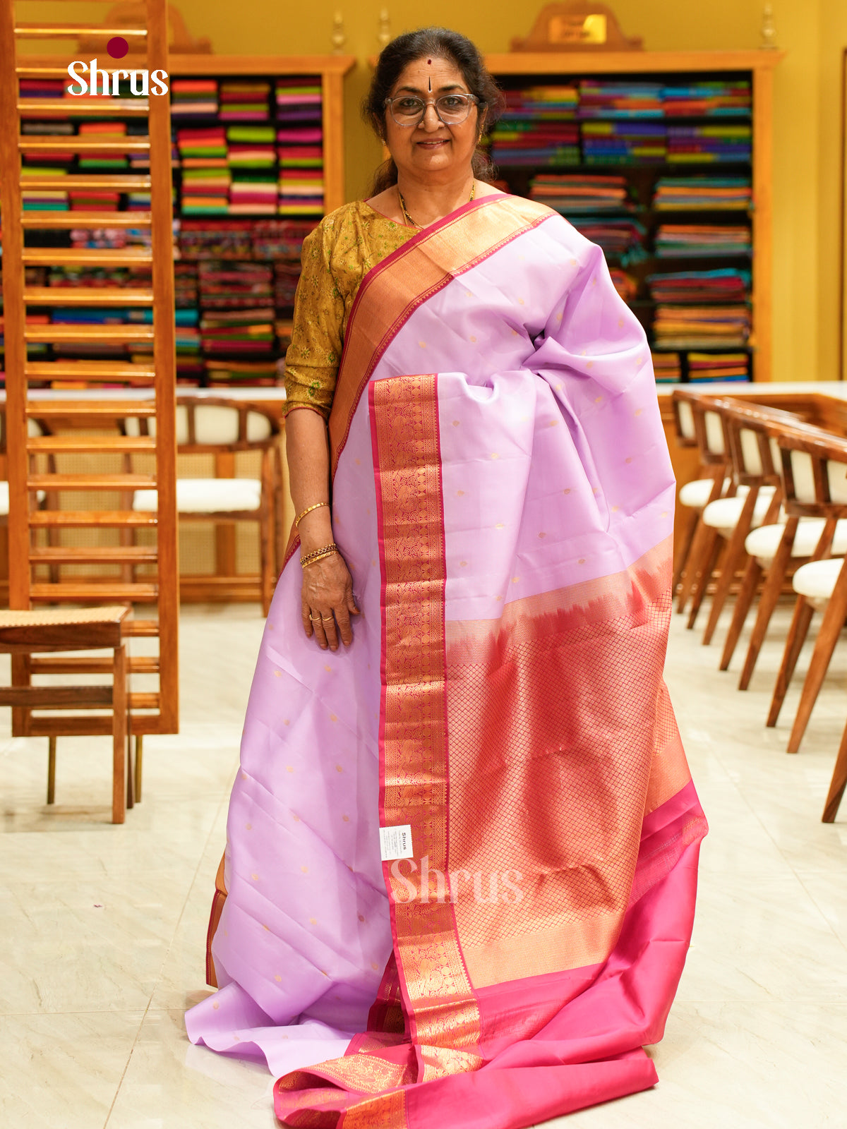 Lavender Kanchipuram Silk Saree with Floral Buttas | Pink Contrast Border — EFS27302 - Shop on Shrus.com