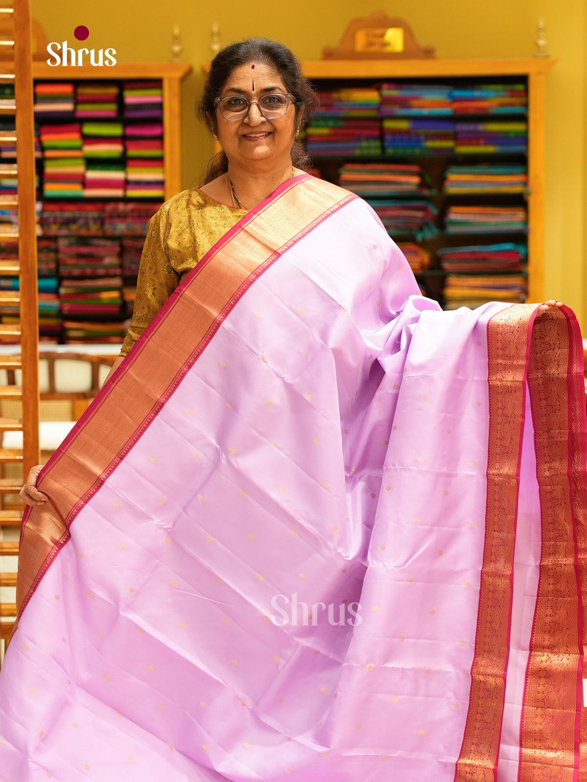Lavender Kanchipuram Silk Saree with Floral Buttas | Pink Contrast Border — EFS27302 - Shop on Shrus.com