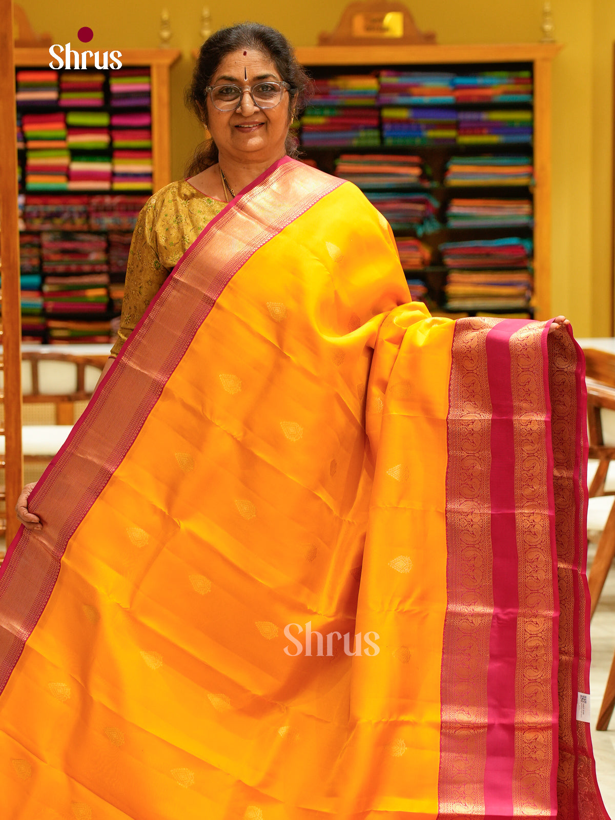 Yellow Kanchipuram Silk Saree with Floral Buttas | Pink Contrast Border — EFS27303 - Shop on Shrus.com