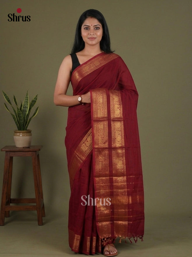 Chic Maroon Chettinad Cotton Saree With Plain Body & Zari Border