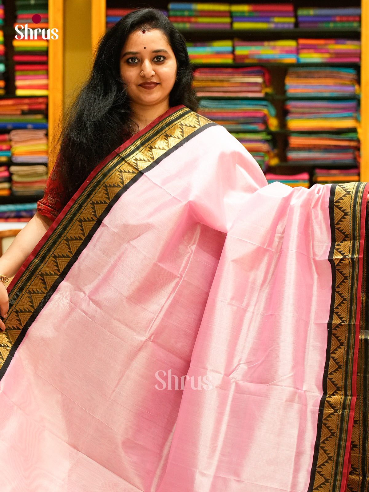Baby Pink Silk Cotton Saree | Black Korvai Small Border