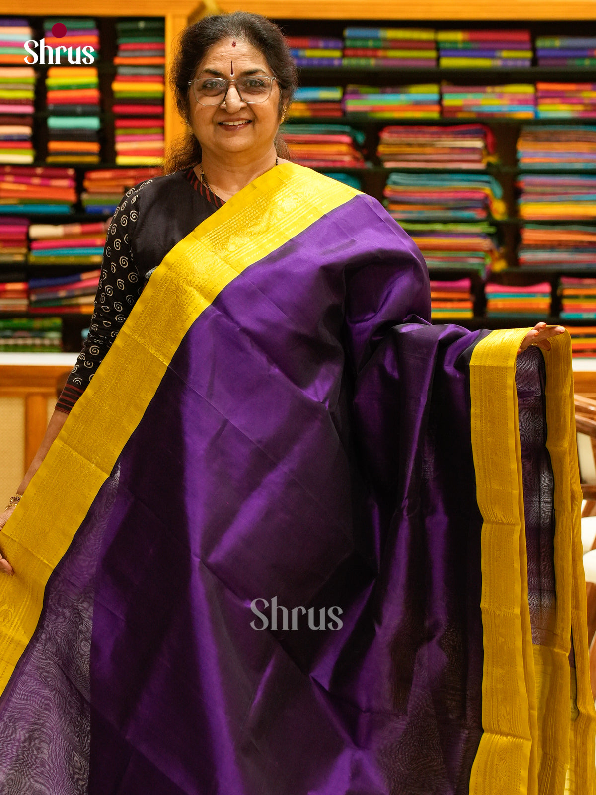 Violet Silk Cotton Saree | Yellow Korvai Small Border - Shop on Shrus.com