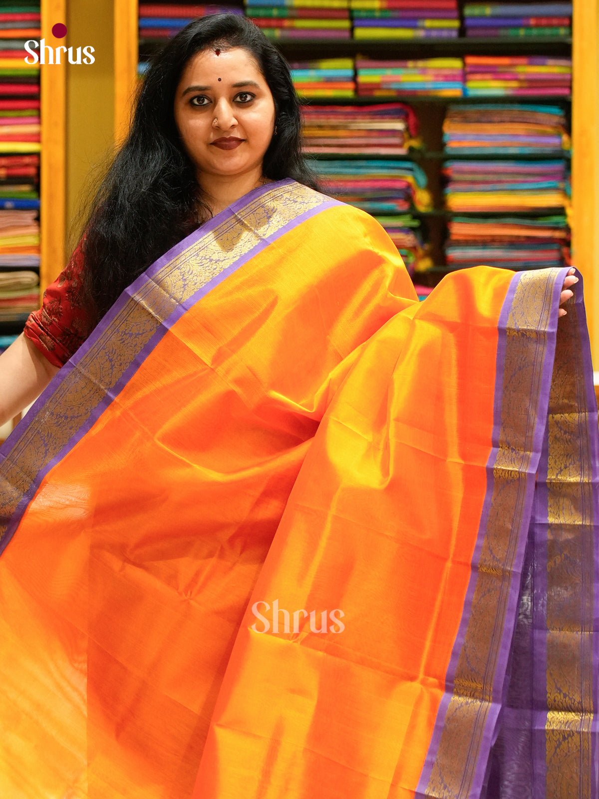 Orange Silk Cotton Saree | Violet Korvai Small Border