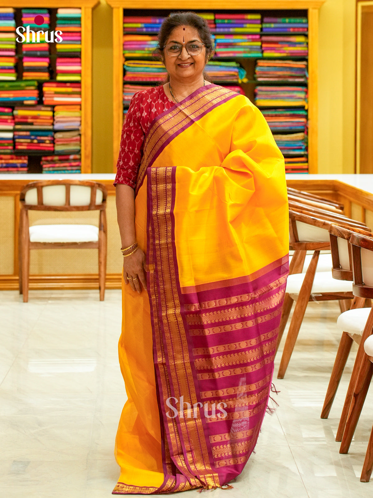Mango Yellow Silk Cotton Saree | Maroon Contrast Border