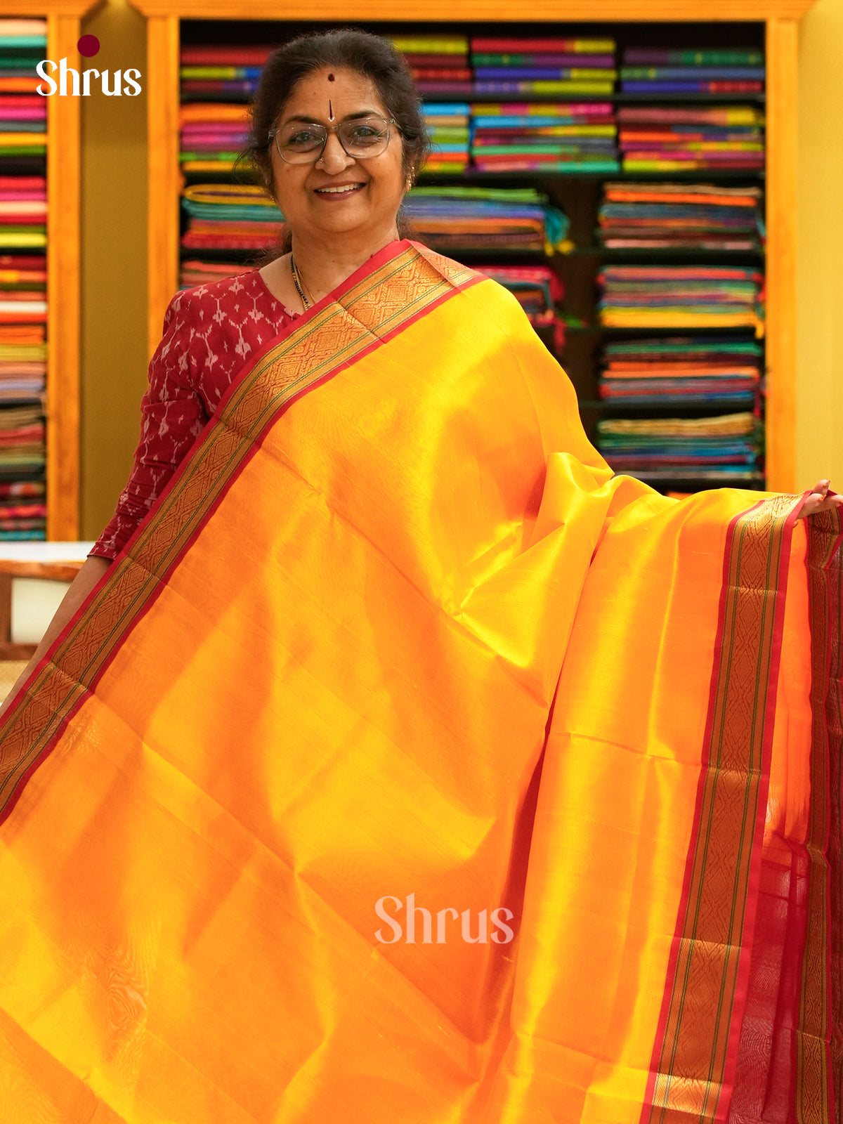 Mango Yellow Silk Cotton Saree | Red Contrast Border — Contrast Zari Border