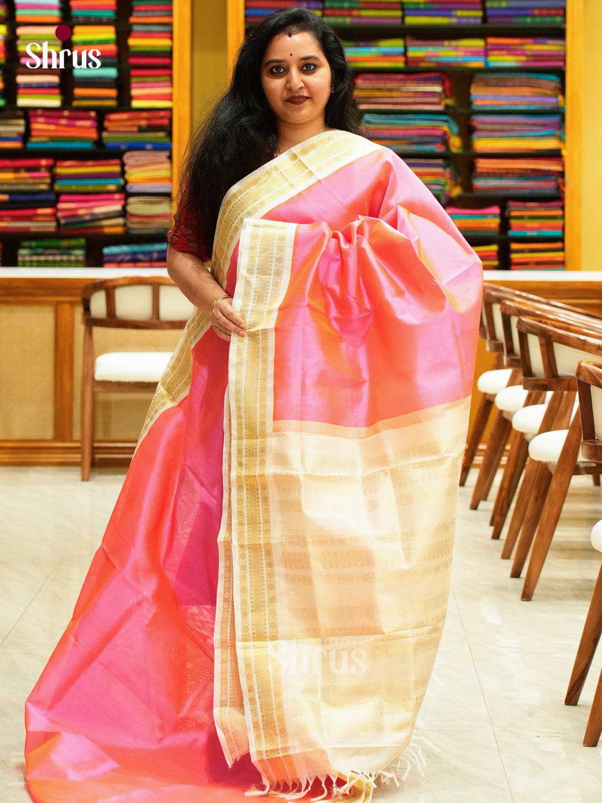 Baby Pink Silk Cotton Saree | Off-White Contrast Border - Shop on Shrus.com