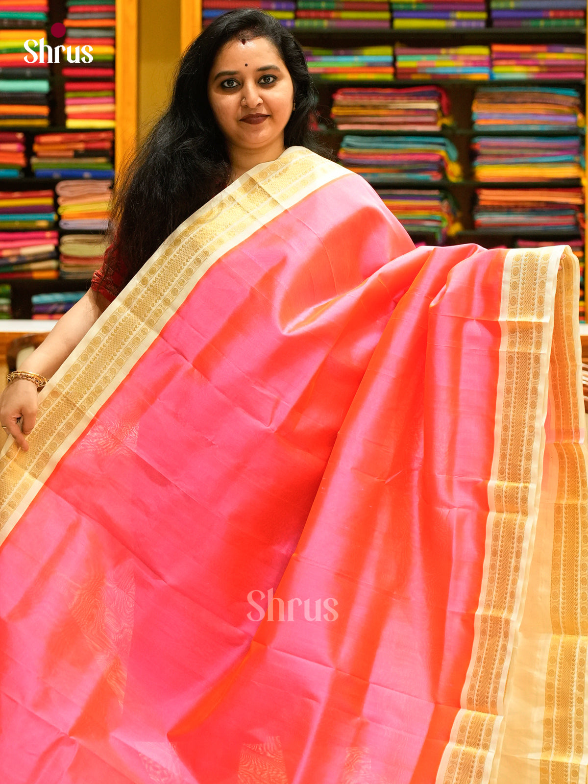 Baby Pink Silk Cotton Saree | Off-White Contrast Border - Shop on Shrus.com