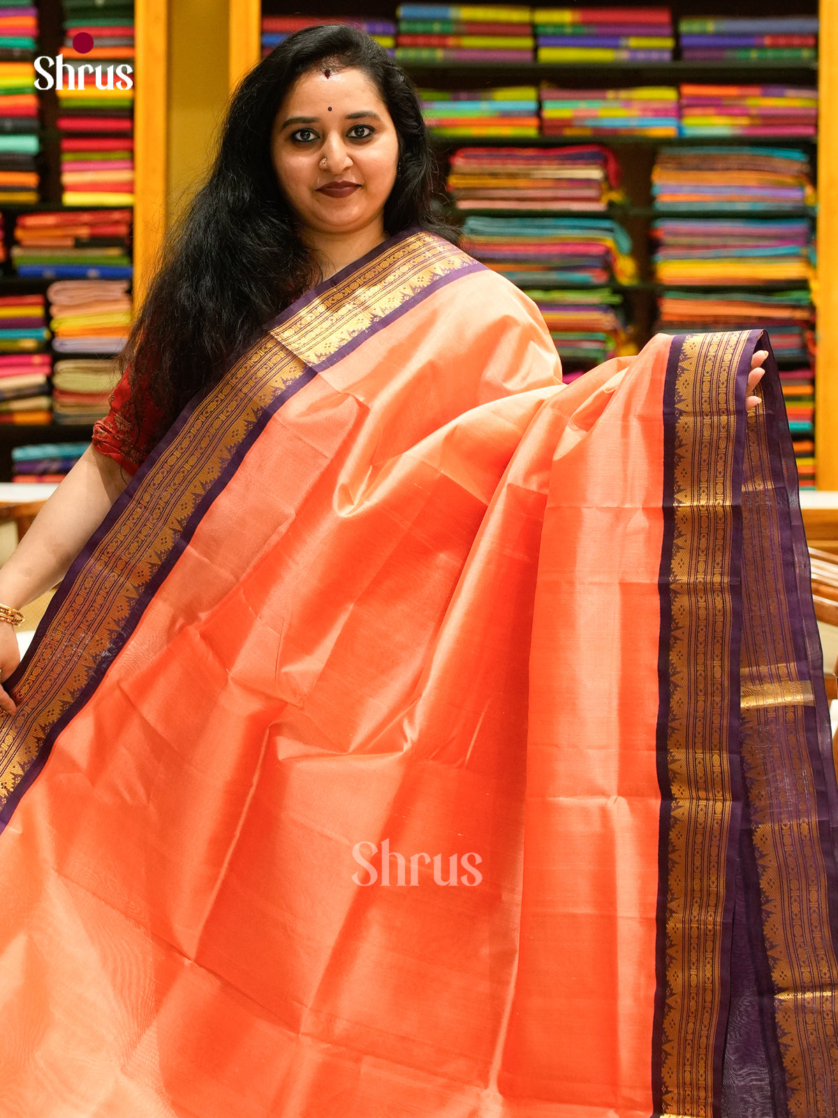 Coral Silk Cotton Saree | Magenta Contrast Border
