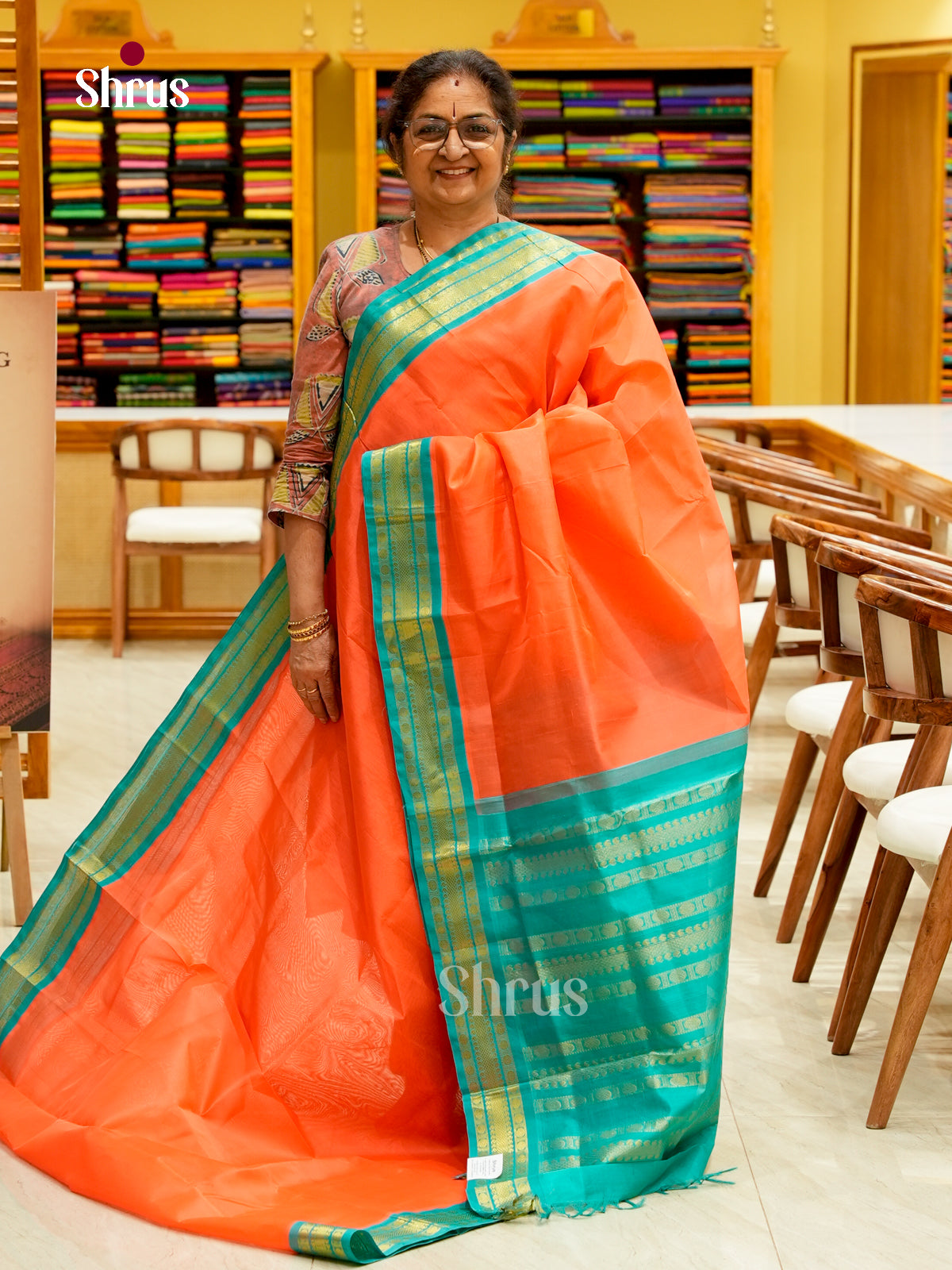 Salmon Pink Silk Cotton Saree | Turquoise Contrast Border