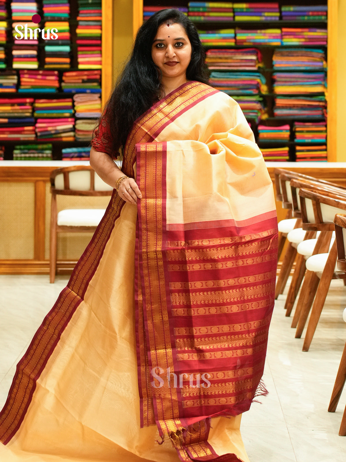 Sandal Silk Cotton Saree | Maroon Contrast Border - Shop on Shrus.com